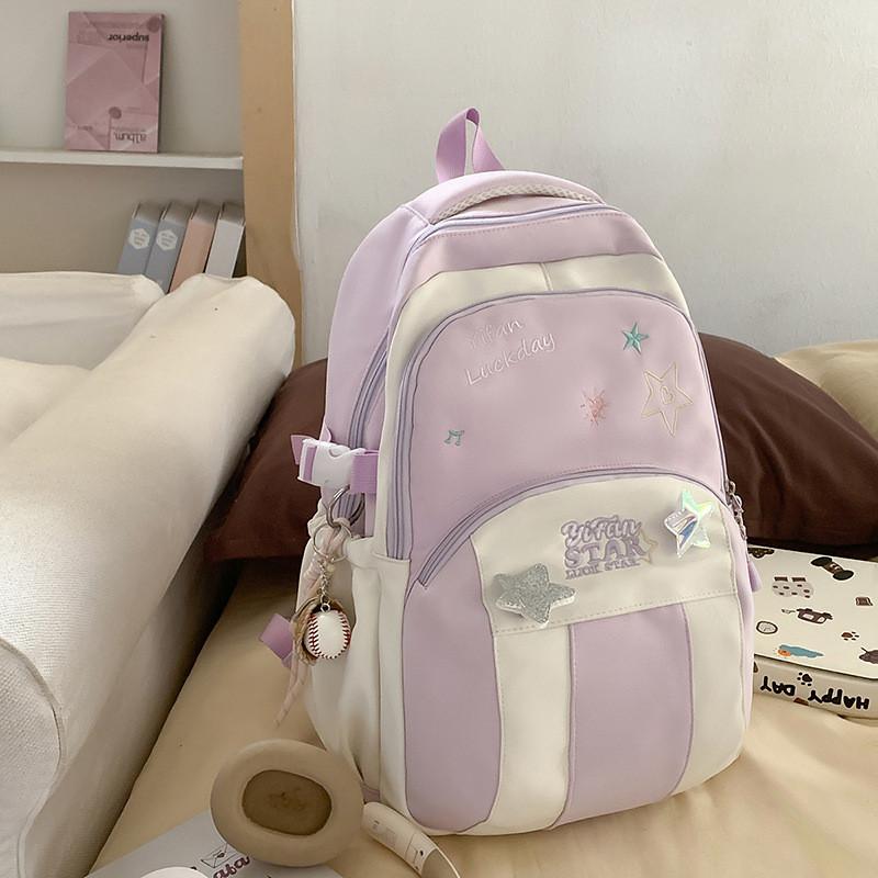 Blocked Letters Color Star Embroidery Pattern Student Backpack With Pendant
