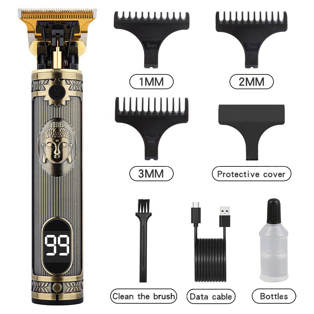 Retro T9 Electric Hair Clipper with LCD Display, USB Charging, Buddha Head Design, Oil Head Styling, and Power Push Technology.