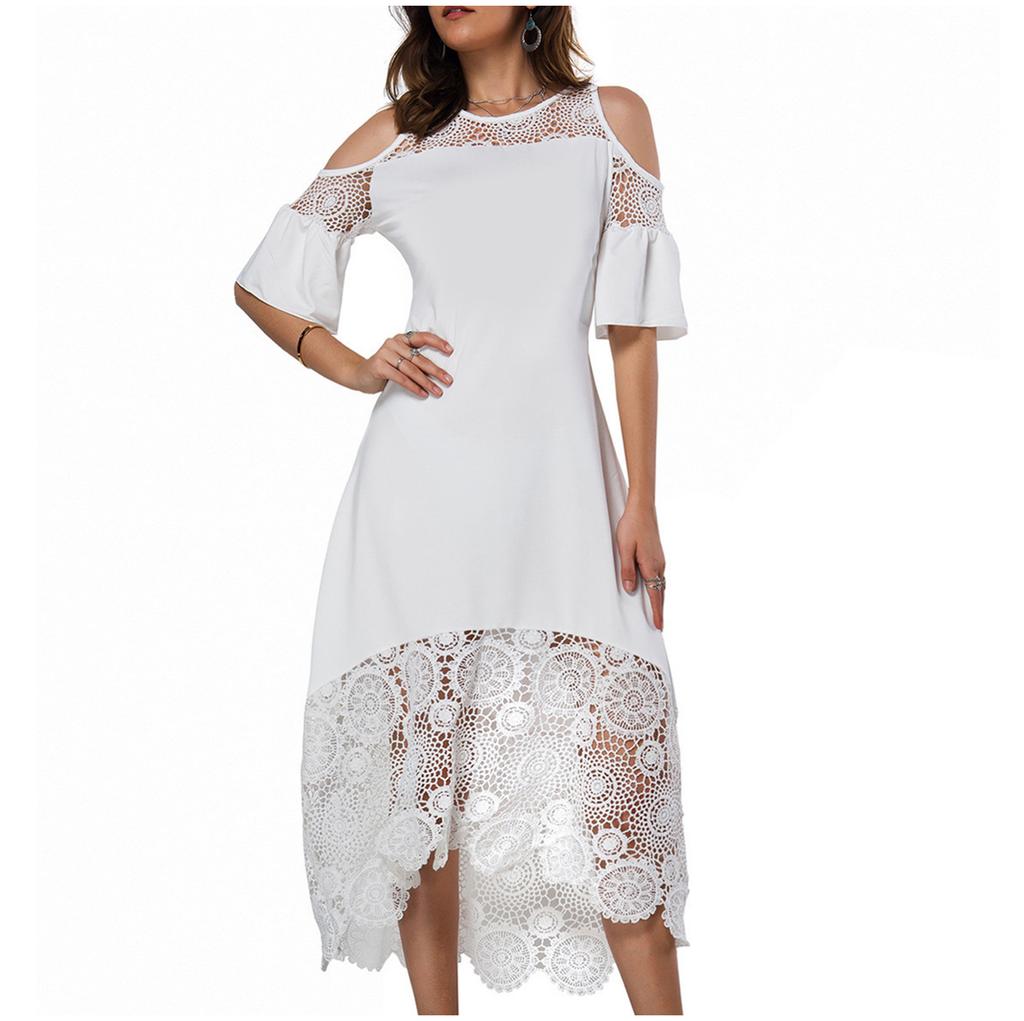 Women's Solid Color Lace Stitching Off-shoulder Short-sleeve  Waist Dress