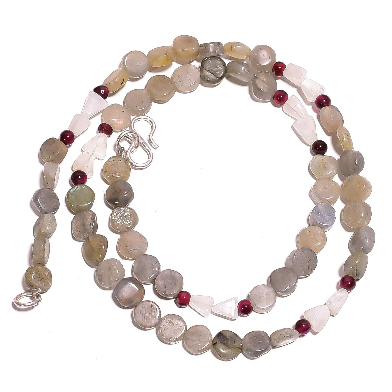 

Natural Labradorite Moonstone Garnet Gemstone Smooth Beads Necklace 17 UB-3249 UB-3249