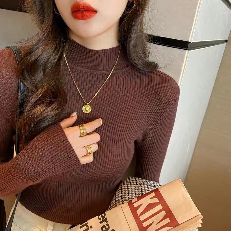 Women's 2022 Solid Color Semi-High Neck Long Sleeve Knitted Sweater