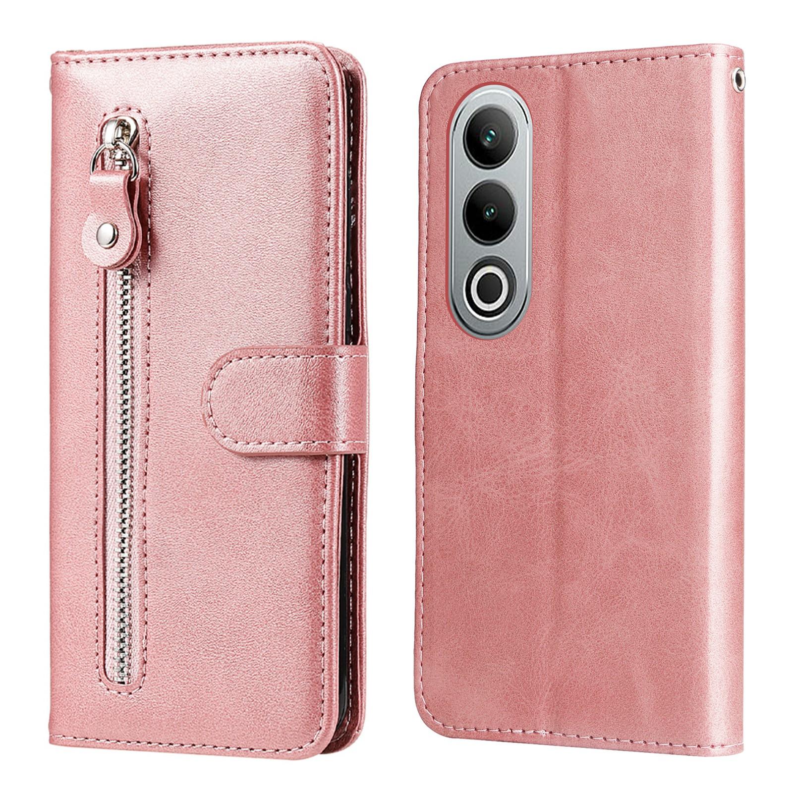 

For OnePlus Nord CE4 5G/Oppo K12 Case Calf Texture PU Leather Zipper Pocket Wallet Phone Cover Pink