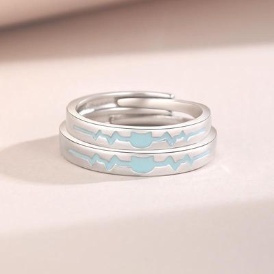 Korean Style Sterling Silver 999 Luminous Heartbeat Kitten Couple Rings