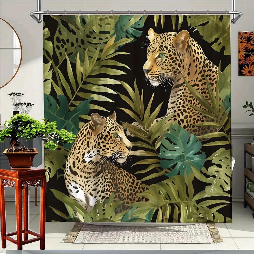 1pc Jungle Leopard Shower Curtain - Vivid Tropical Animal Print with 2 Leopards & Foliage, Polyester Fabric, Machine Washable W90xH180cm