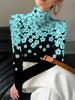 Women's autumn and winter cheongsam collar long sleeves, sky blue flower print T-shirt, suitable for autumn and winter wear