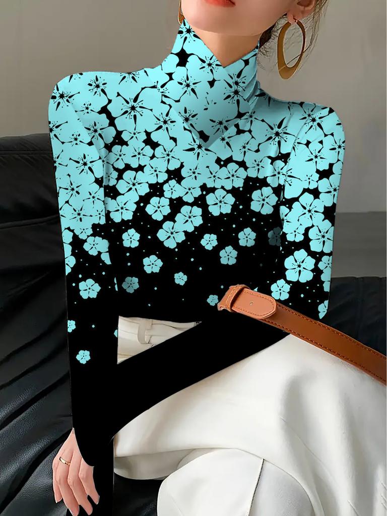 Women's autumn and winter cheongsam collar long sleeves, sky blue flower print T-shirt, suitable for autumn and winter wear