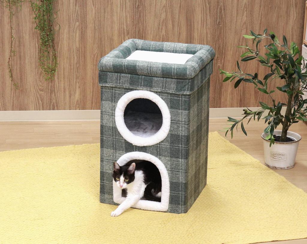 Fujiboeki Pet House/Pet Bed, 2-Room, 40cm Wide X 40cm Deep X 65cm High, Gray, Checkered Pattern, for Dogs and Cats, with Roof Bed, 53720, Small