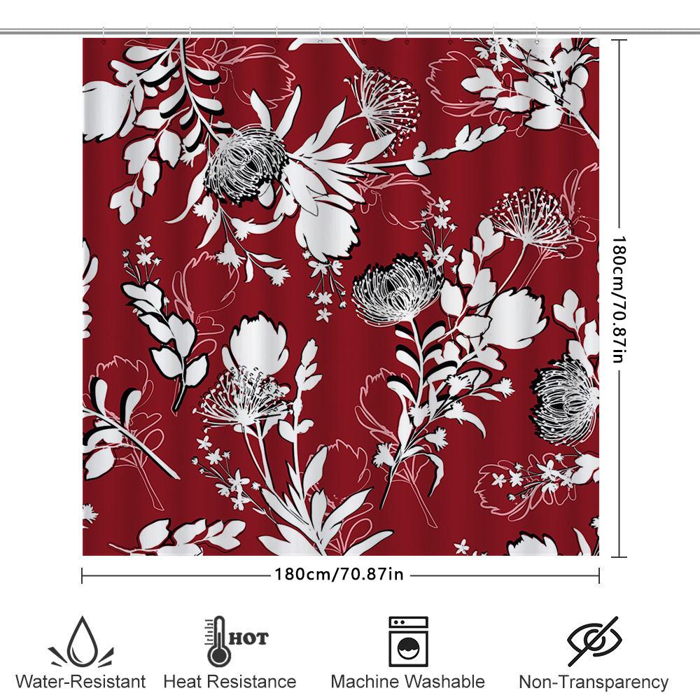 Red Floral Shower Curtain With Black White Flowers For Bathroom Decor Modern Home Textile Decoration Size Customizable 180Cm X 1