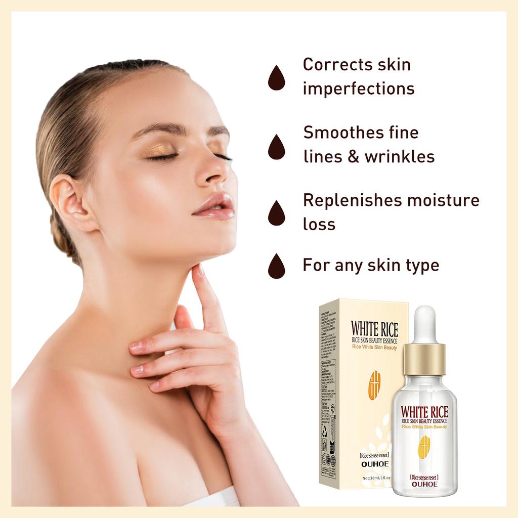 White Rice Face Serum Anti Aging Fade Fine Lines Wrinkles Shrink Pores Brightening Firm Moisturizing Glowing Skin Care Essence
