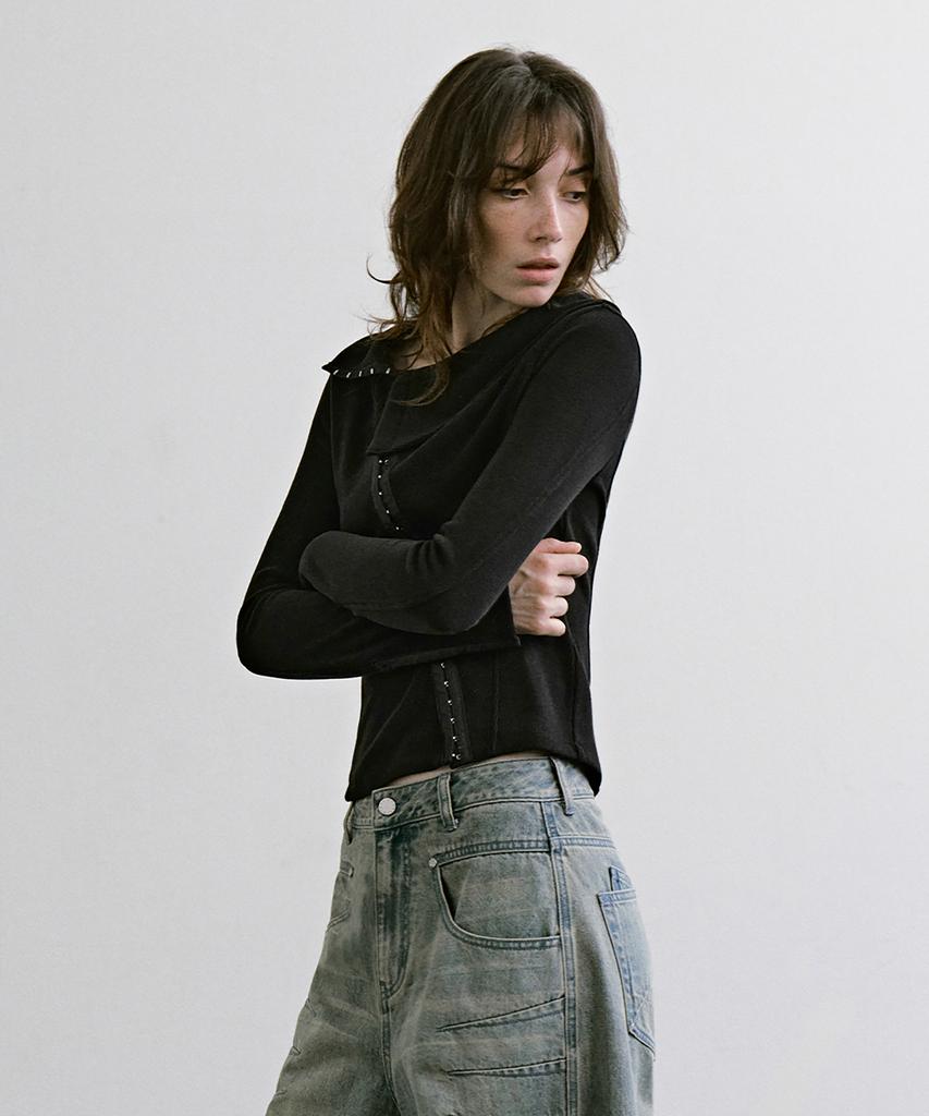 TREEMINGBIRD Asymmetric Hook Long Sleeve Top [ Black ]