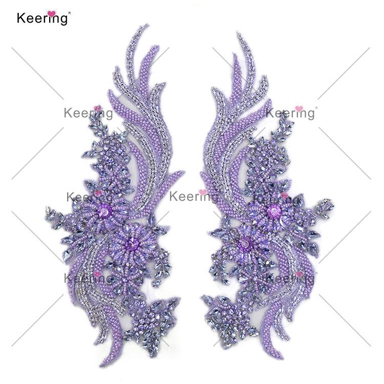 Wholesale Customize  Charming Clear Crystal Pearl Beaded Bodice Rhinestone Applique Patch for Wedding Dress Party 34*14cm лавандовый