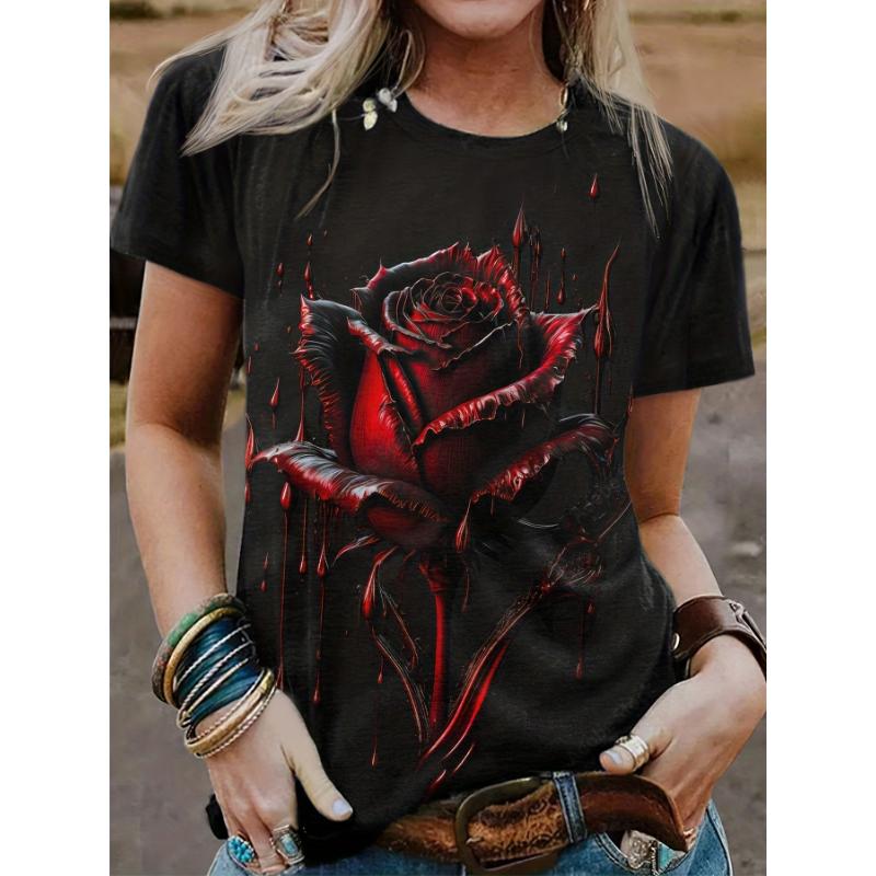 

Летняя женская футболка с круглым вырезом, модный повседневный топ черного цвета с принтом 3D розы и черепа, креативная женская одежда с короткими рукавами XXL