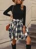 Women's High Waist Plaid Mini Skirt Irregular Asymmetrical Hem Tie Waist Casual Commuter Short Skirt