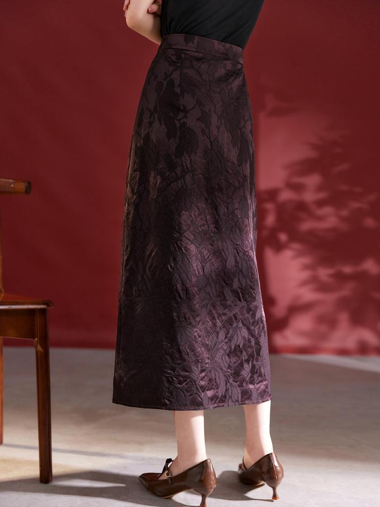 Autumn 2025 Women's Silk Jacquard Retro Slit Bodycon Midi Skirt