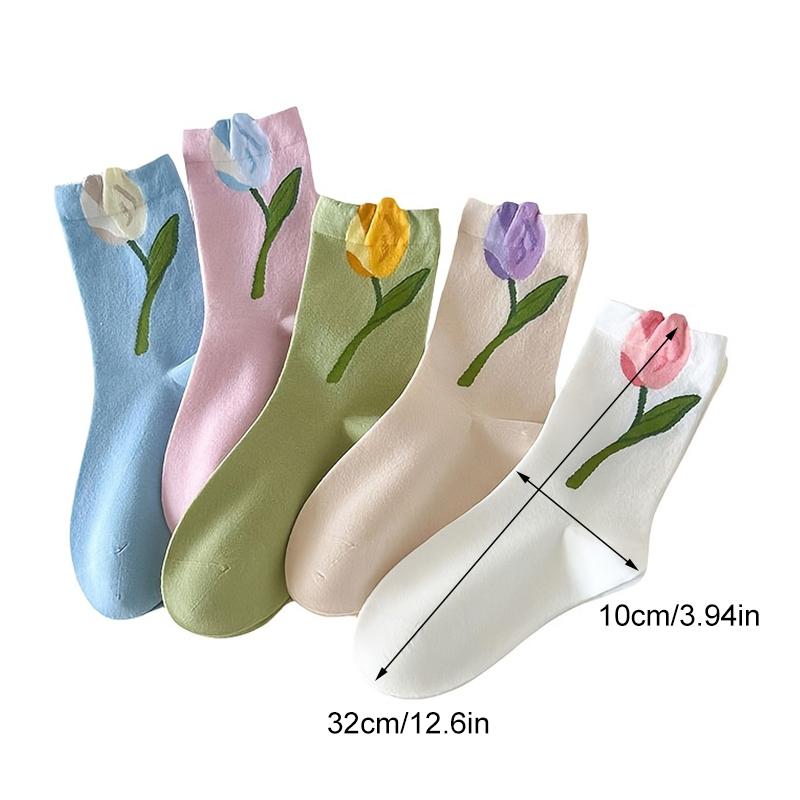 1/5 par Strumpor Mångsidiga Mellankorta Strumpor Bekväma Blommig Design Söt 3D-mönster Söt Tulpanform Andningsbar En Storlek