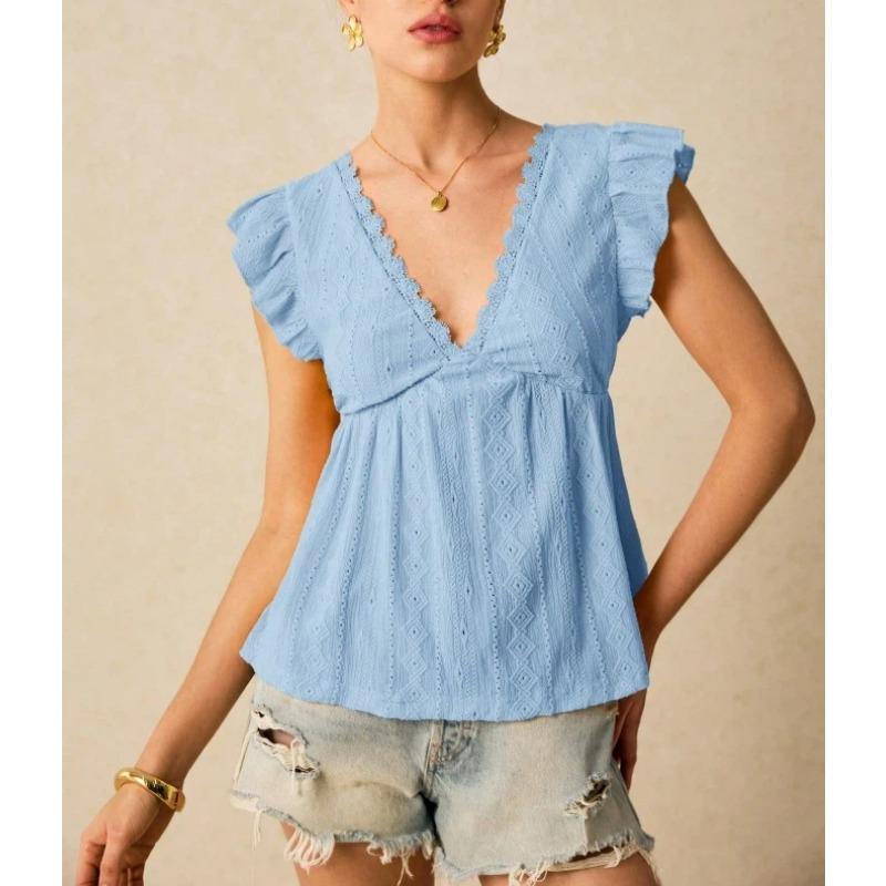 Damskie Nowe Modne Topy Wiosenno-Letnie z Wycięciem V i Falbankami, Krótki Rękaw