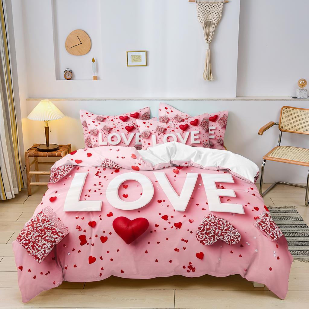 3pcs Valentine'S Day Romantic Rose Love Letter Pattern Duvet Cover Set Bedding Set Soft And Comfortable Duvet Cover Bedroom