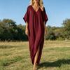 Damen Baumwolle Leinen Langes Kleid Fledermaus Kurzarm V-Ausschnitt Tunika Kleid Sommer Hoher Schlitz Fließendes Strand-Sonnenkleid