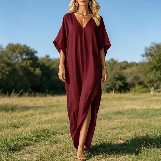 Damen Baumwolle Leinen Langes Kleid Fledermaus Kurzarm V-Ausschnitt Tunika Kleid Sommer Hoher Schlitz Fließendes Strand-Sonnenkleid