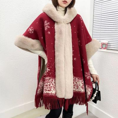 Winter Cardigan Tassel Shawl Cloak Coat Women Wool Collar Wool Coat Warm and Cold Proof Long Sleeve Casual Poncho Coat Female