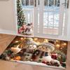 Snowman Print Non-Slip Mat Carpet, Red White Snowman Holly Berry Border Plush Mat for Indoor Outdoor Entryway Decor