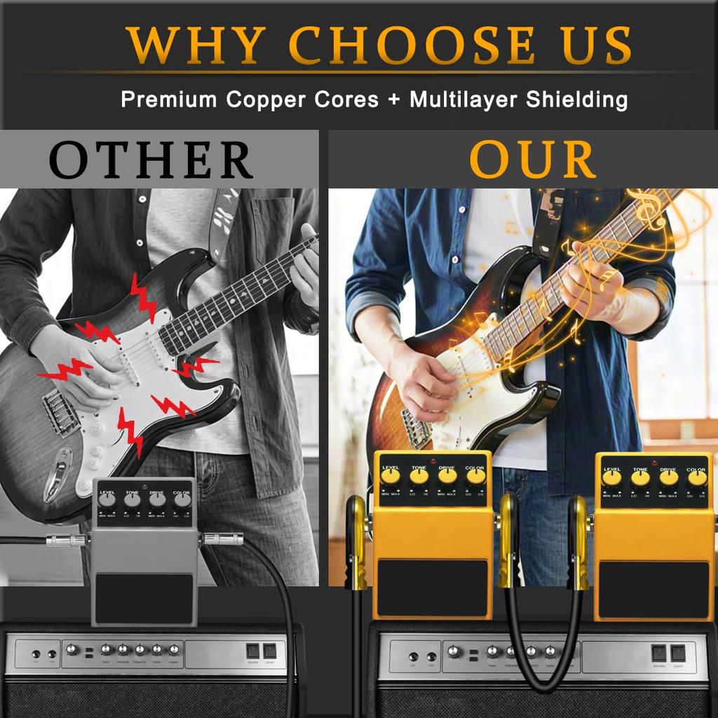 MKBKLLJY 3-Pack Guitar Patch Cables, 6-inch To 14-inch Right Angle, Gold Plated, Low Profile, Pancake Type, Noise-Free, Dual Shielded Drivers,
