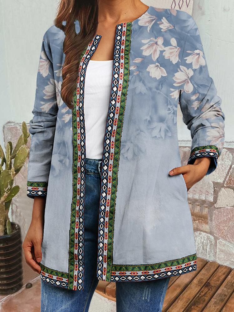 Women's Crew Neck Long Sleeve Cardigan Oversized Vintage Ethnic Print Plus Size Open Front Jacket Casual Outerwear