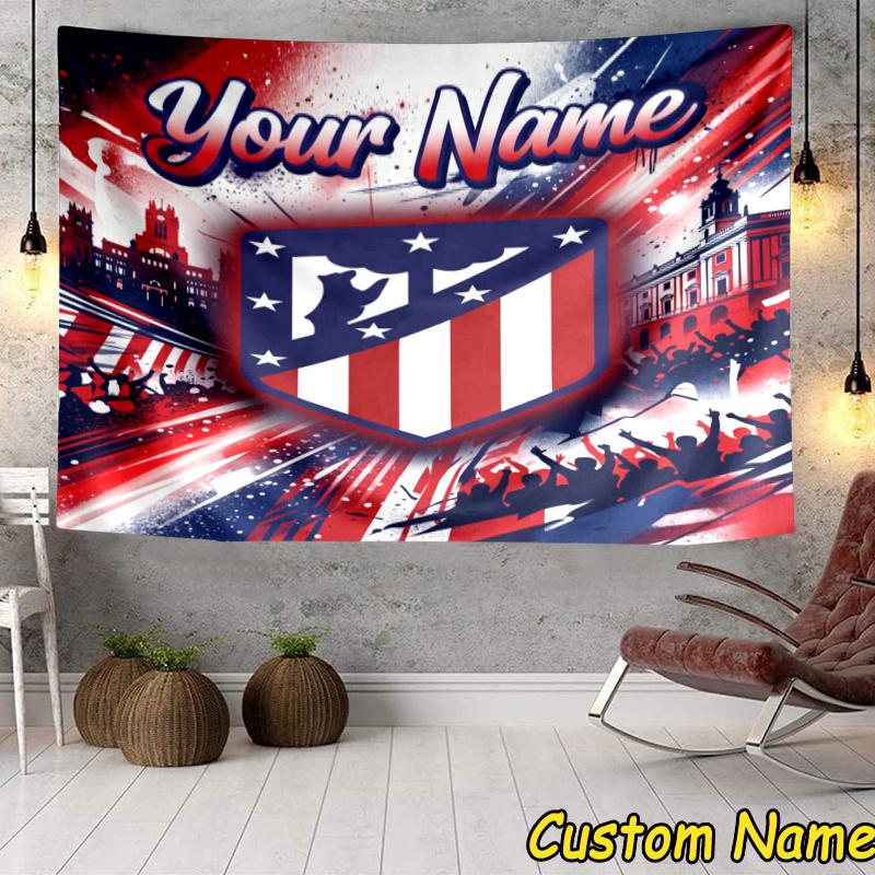 Custom Name Atletico Football Crest Tapestry Accessories for Bedroom,Livingroom, dormitory Room Wall Hanging Decor, Fan Birthday Gifts