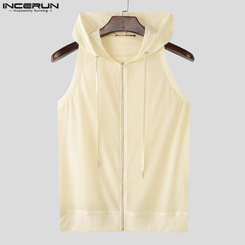 INCERUN Men Summer Sleeveless Zipper Back Mesh Patchwork Fitted Hooded Tank Tops 