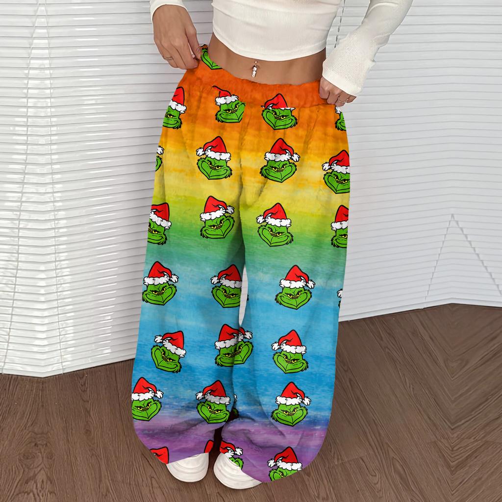 Women's Casual Christmas Print Elastic Waist Loose Fit With Plush Wide Leg Pants