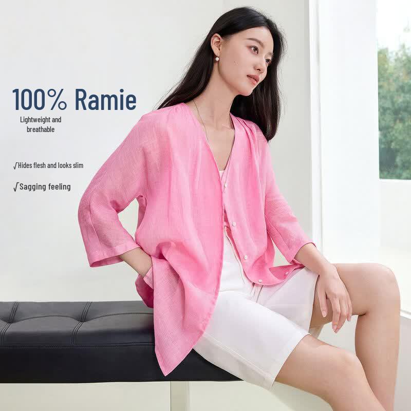 IHIMI 100% Ramie V-Neck Blouse M