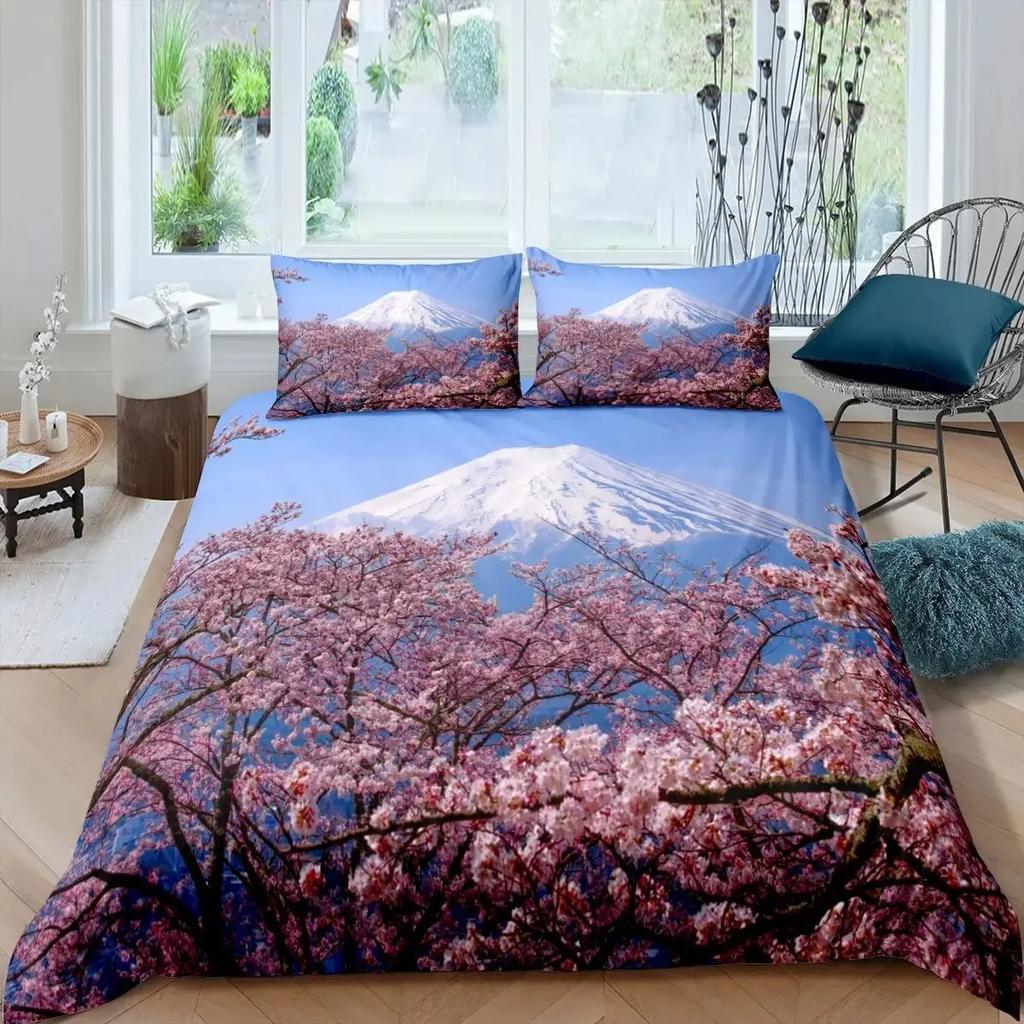 Japan Mount Fuji Duvet Cover Set Cherry Comforter Cover Retro Tower Bedding Set Japanese Ukiyo-E Bedspread Cover Full Queen Size