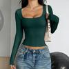 Spring Autumn Square Collar Solid Color Slim T-shirt Women Long Sleeve Y2K Elastic Bottomed Tee Pullover Top
