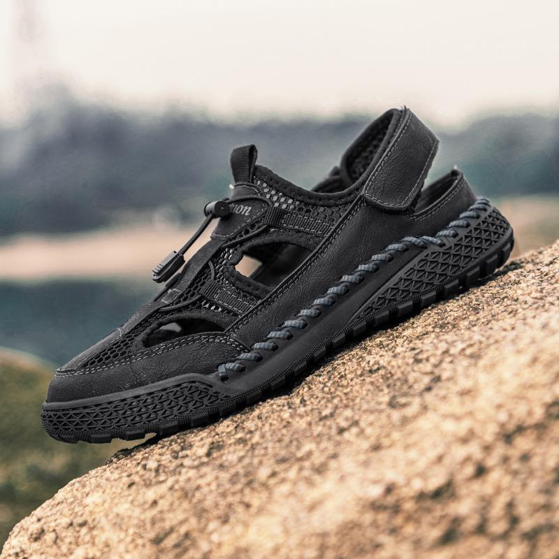 

Hand-stitched men s shoes outdoor casual shoes buckle flat-soled leather shoes summer low-top large-size cross-breathable mesh shoes men 38 чорний