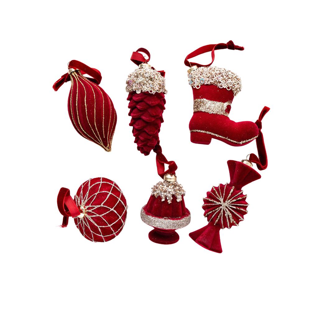 Christmas Tree Decorations Set of 6 with Flocked Texture Ornaments Designed for Window Display and Festive Seasonal Arrangements