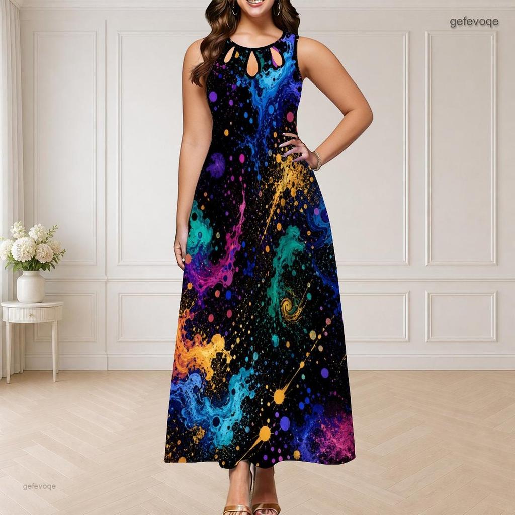 Robe Longue Imprimée Sans Manches Col Rond Décolleté Triple Découpe Grande Taille pour Femme