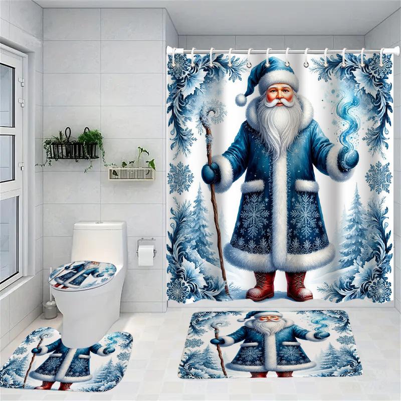 Christmas Santa Claus Pattern Shower Curtain Bath Sets Waterproof Non-Slip Bathroom Rug Toilet U  With 12 Hooks Home Deco