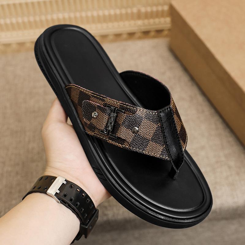 Plain version dynamic cool slippers men's summer toe flip-flops men's cowhide sandals men's shoes first layer beach shoes comfortable