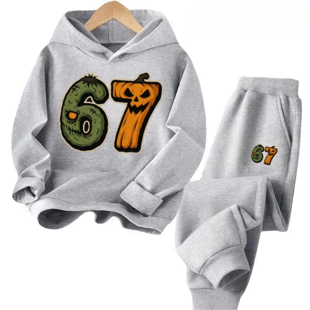 67 Number Meme Print Hooded Tracksuit - Funny Year Old Kid Design  Regular Tracksuit, Spring and Autumn - Hoodie and Slacks Set