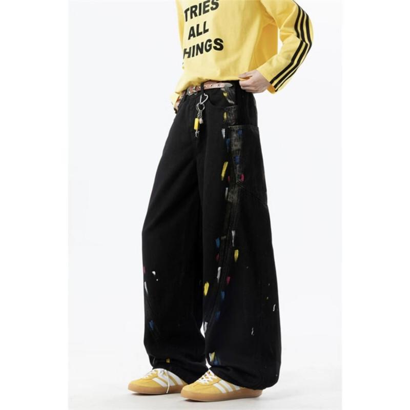 Graffiti Jeans Men Women Straight Leg Loose Flared Wide Pants American Style Cleanfit