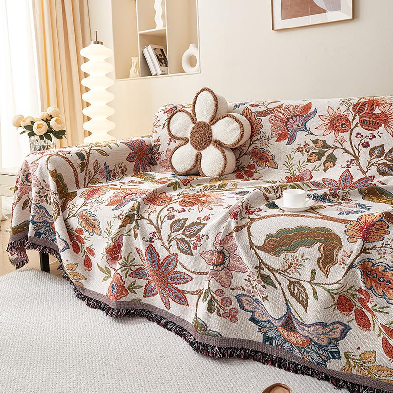 Amerikanische Baumwolle und Leinen Sofa Handtuch Ethnischer Stil Sofaüberwurf Retro Floral Baumwollfaden Decke Sofaüberwürfe für Wohnzimmer
