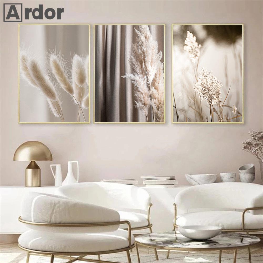 Béžový Bunny Tail Grass Nástěnné plakáty Přírodní pampy Reed Obraz na plátně Květinový umělecký plakát Malba Severské nástěnné obrazy Home Decor