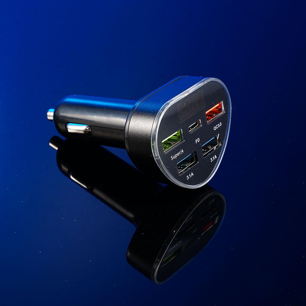 Car Charger 66W Output Fast Charging Adapter PD QC3.0 5 Port 4 USB + 1 PD LED Display Monitor For Travel Car Electronics 1pc