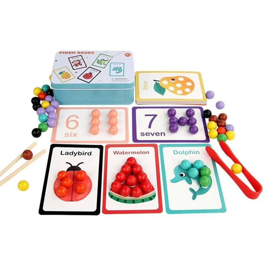 Clip On Beads Wooden Bead Color Sorting Toy Cartoon Matching Board Game Early Learning Mathematics Educational Toy For Toddlers