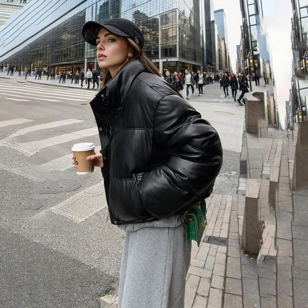 Women Autumn Winter Short Solid Color PU Leather Thicken Outwear Loose Cotton Padded Stand Collar Warm Jacket Coat