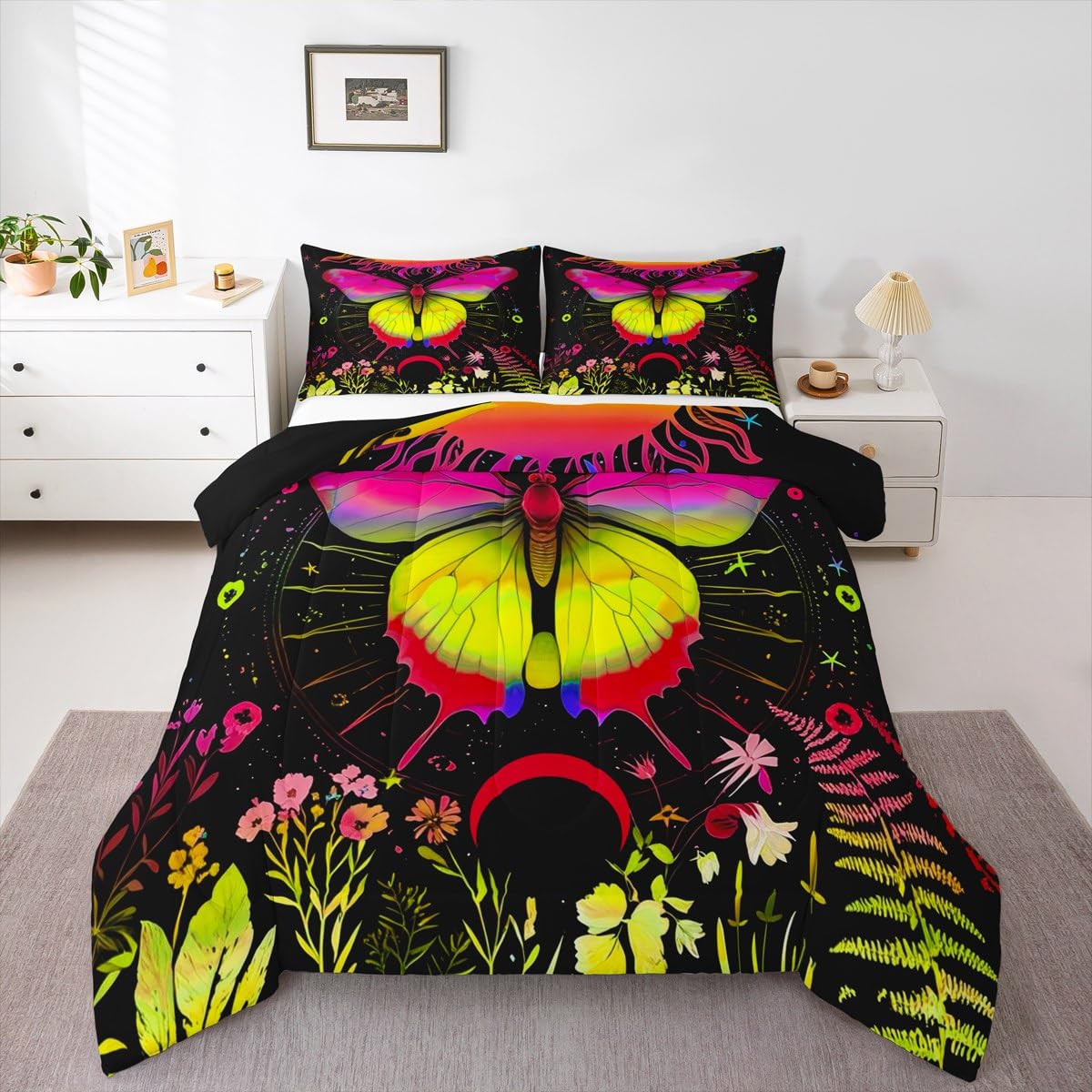 Erosebridal Rainbow Comforter Set Cartoon Rainbow Bedding Set Twin Size for Kids Girls Boys Nursery Toddler Hand Drawn Iridescent Print Comf 155x200cm