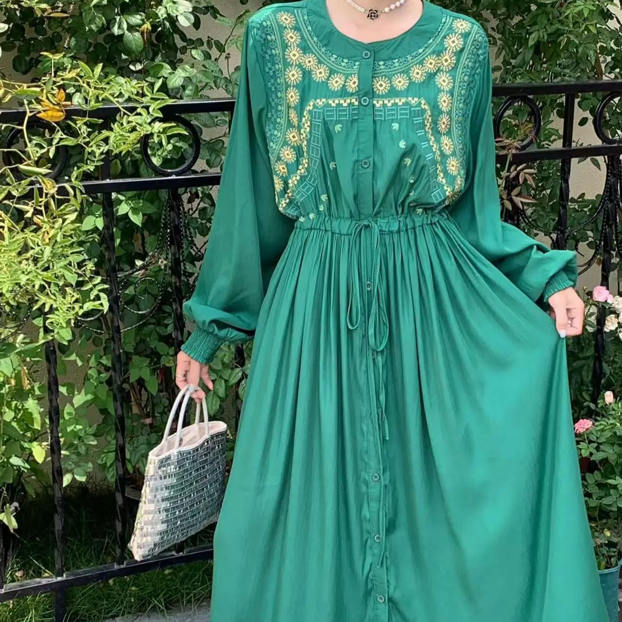 

Винтажный зеленый халат с длинным рукавом Осень Новый круглый вырез Вышивка Вечерние платья Дизайн с кулиской на талии Прямая одежда One Size зелёный