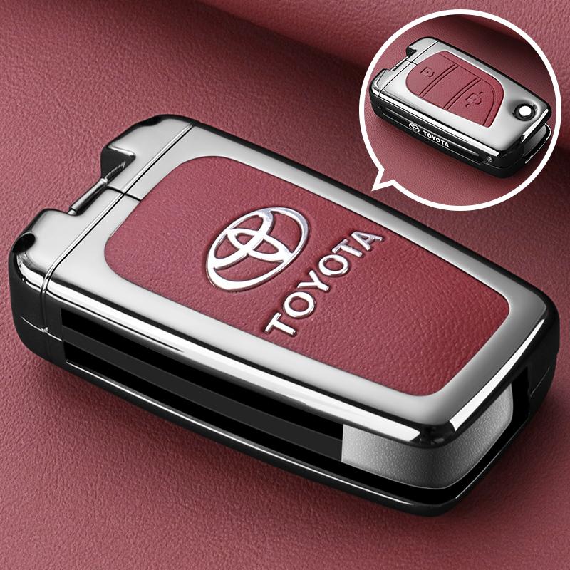 APQ4   Metal Leather Flip Car Key Fob Case Cover Keychain Ring For Toyota CHR C-HR Corolla Hatchback Sedan RAV4 LE Camry SE Hilux