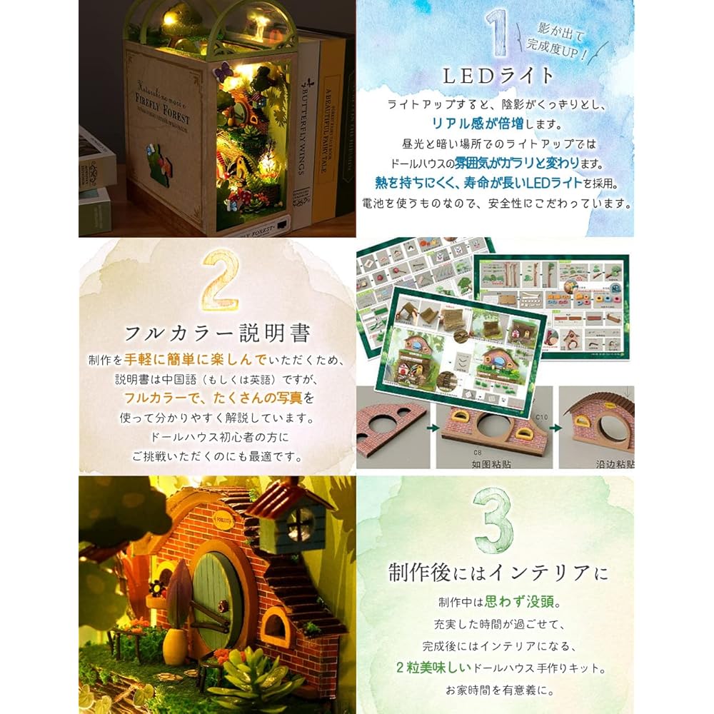 Moin Moin Dollhouse Miniature DIY Kit Fairy Tale Book Design with LED Light Small Size for Beginners