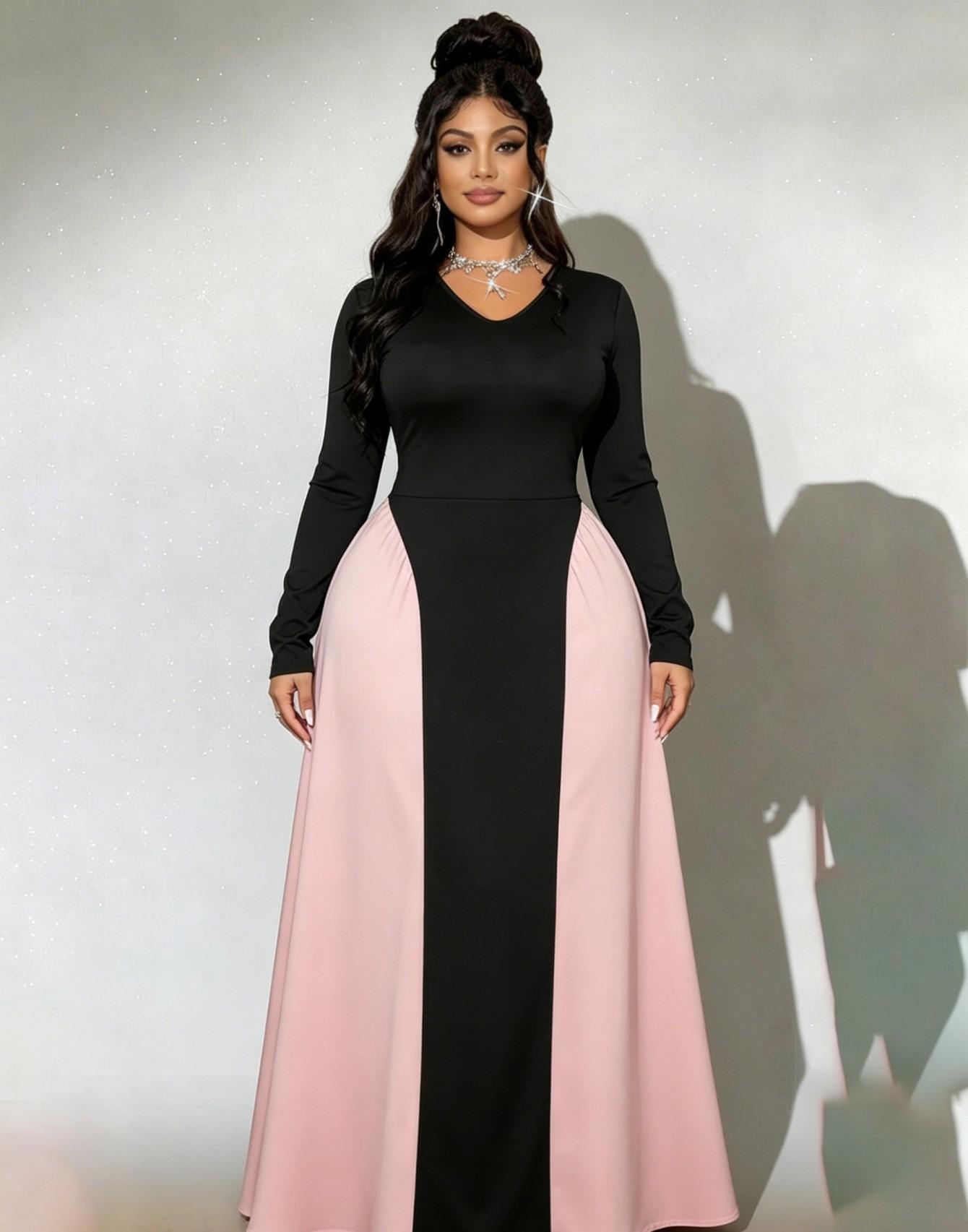 

Large size contrasting color long-sleeved dress to picture customized women s clothing spot batch OEM D 0XL
